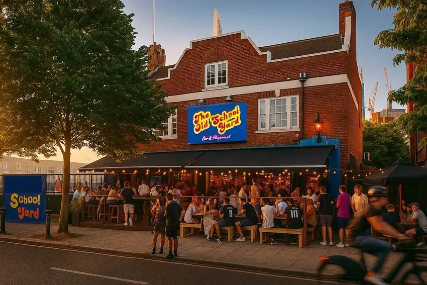 The Old School Yard terrace at golden hour