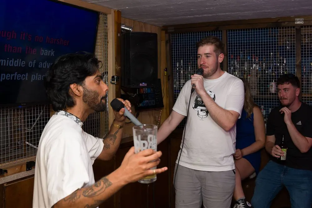 A singer mid-note in a private karaoke room